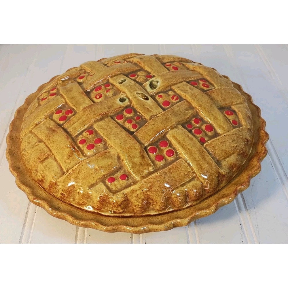 Vintage Ceramic Pie Keeper Red Cherry Pie Dish W/ Lattice Cover Cottagecore READ